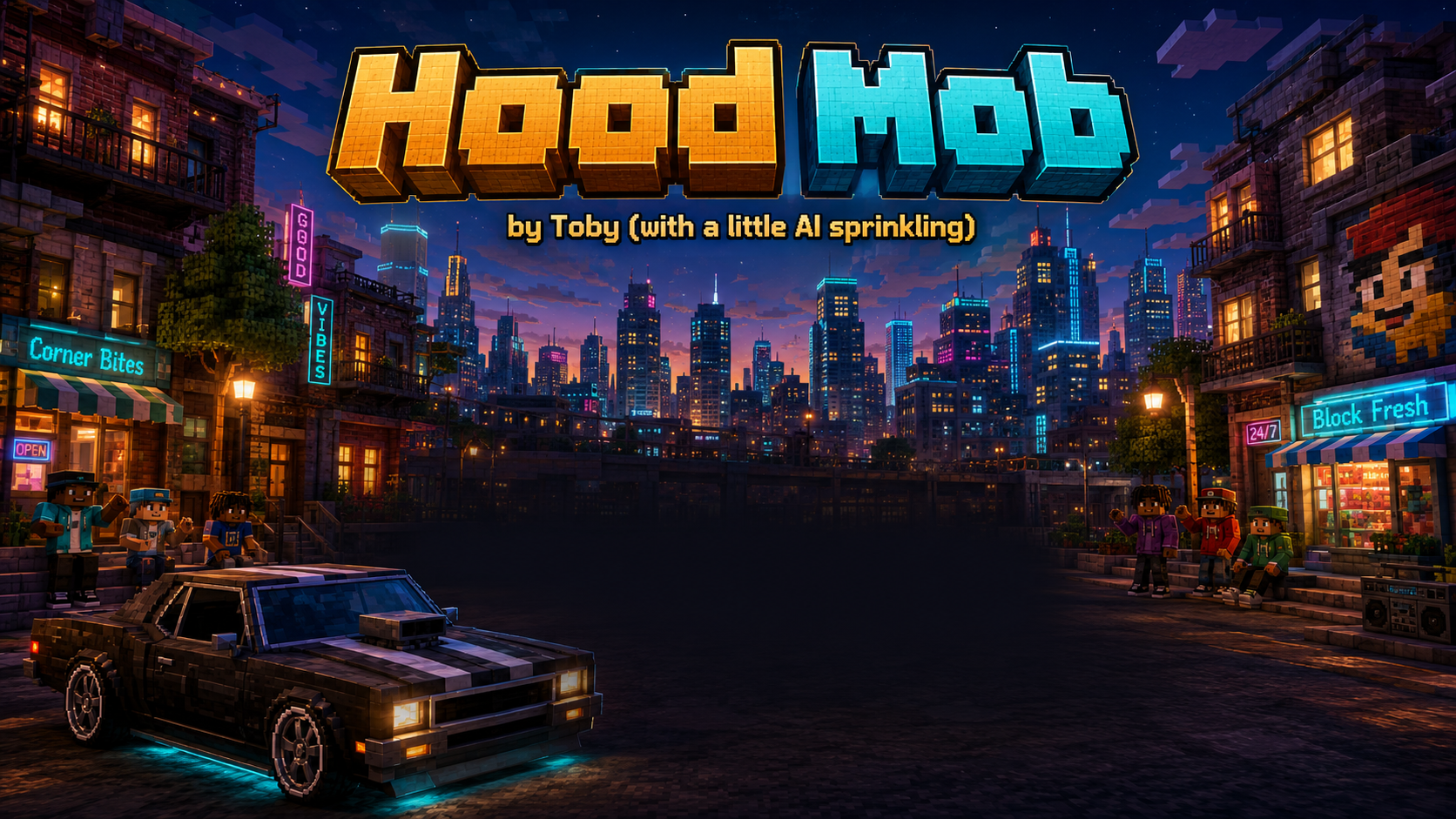 Hood Mob loading artwork: a blocky car on a neon-lit city street, with skyscrapers behind it